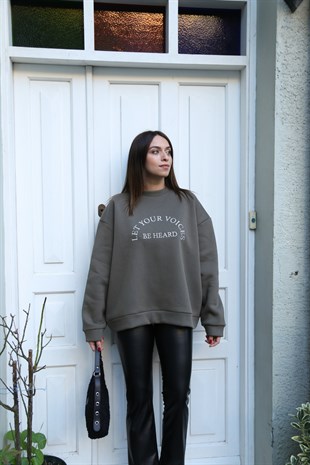 Haki Yazı İşlemeli Sweatshirt