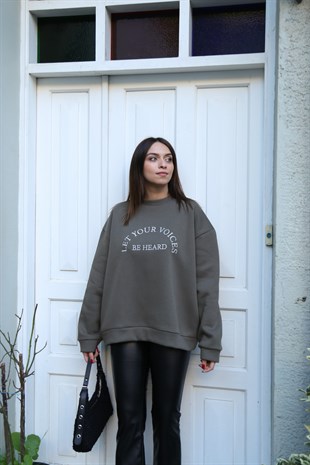 Haki Yazı İşlemeli Sweatshirt