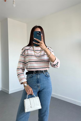 Hm Pembe Siyah Çizgili Pamuklu Sweatshirt