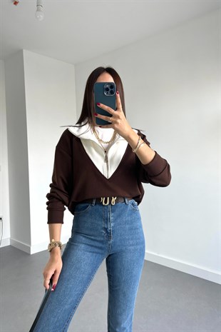 Kahverengi Beyaz Fermuarlı Sweatshirt