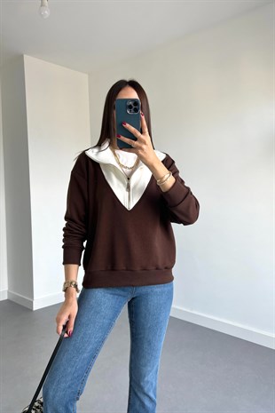 Kahverengi Beyaz Fermuarlı Sweatshirt