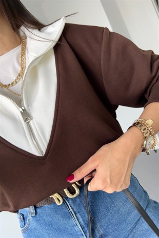 Kahverengi Beyaz Fermuarlı Sweatshirt