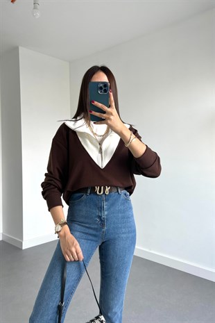 Kahverengi Beyaz Fermuarlı Sweatshirt