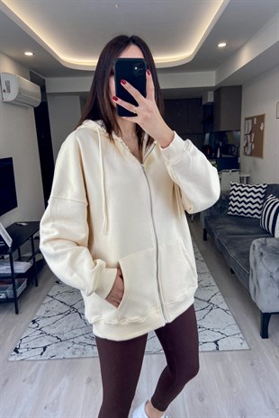 Krem Fermuarlı Kapüşonlu Sweatshirt