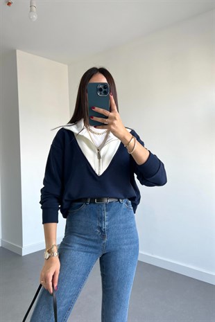 Lacivert Beyaz Fermuarlı Sweatshirt