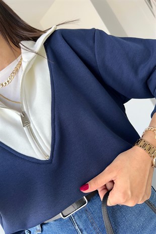 Lacivert Beyaz Fermuarlı Sweatshirt
