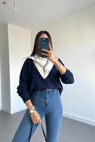 Lacivert Beyaz Fermuarlı Sweatshirt