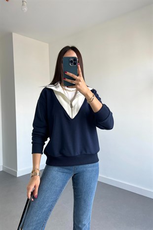 Lacivert Beyaz Fermuarlı Sweatshirt