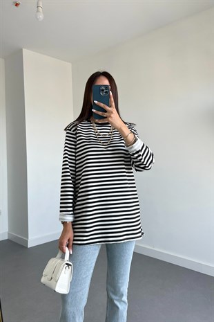Peyu Siyah Beyaz Çizgili Basic Sweatshirt