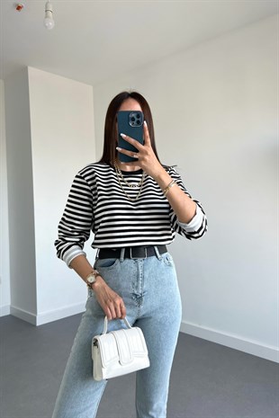 Peyu Siyah Beyaz Çizgili Basic Sweatshirt