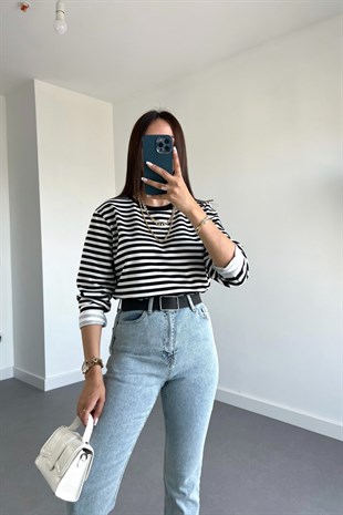 Peyu Siyah Beyaz Çizgili Basic Sweatshirt
