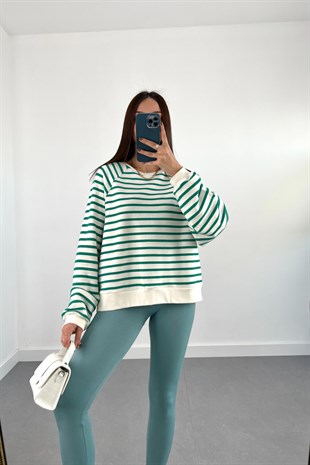 Villa Yeşil Beyaz Çizgili Sweatshirt