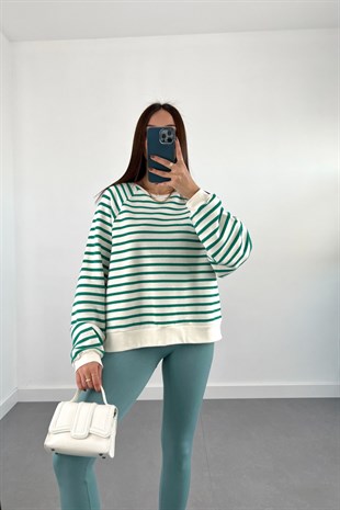 Villa Yeşil Beyaz Çizgili Sweatshirt