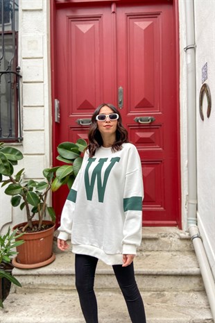 W Baskılı Beyaz Sweatshirt