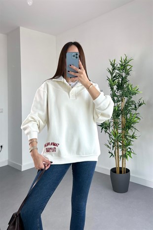Zr Beyaz Düğme Detaylı İşlemeli Sweatshirt