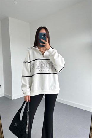 ZR Beyaz Yakası Fermuarlı Oversize Sweatshirt