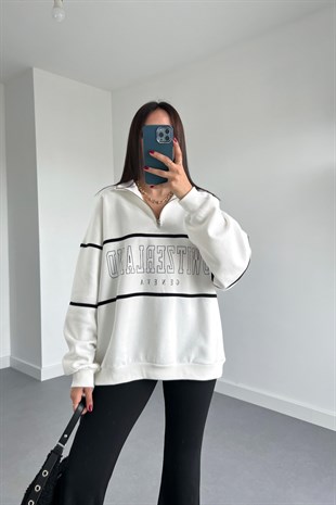 ZR Beyaz Yakası Fermuarlı Oversize Sweatshirt