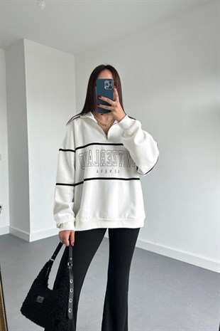 ZR Beyaz Yakası Fermuarlı Oversize Sweatshirt
