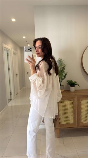 Swersa Beyaz Transparan Oversıze Gömlek