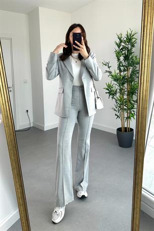Açık Gri Çizgili Premium Blazer Pantolon Takım