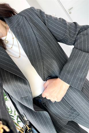 Antrasit Çizgili Premium Blazer Pantolon Takım