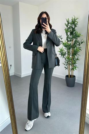 Antrasit Çizgili Premium Blazer Pantolon Takım