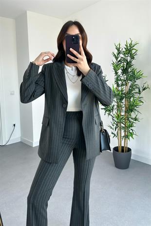 Antrasit Çizgili Premium Blazer Pantolon Takım