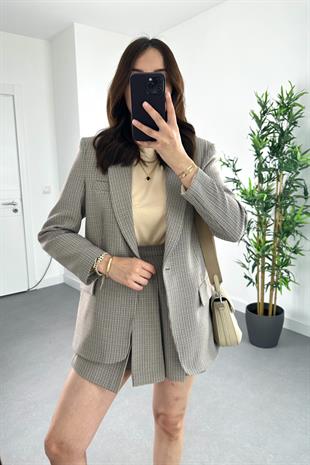 Kahverengi Pitikare Desenli Şort Etek Blazer Takım