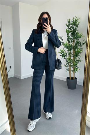 Lacivert Çizgili Premium Blazer Pantolon Takım