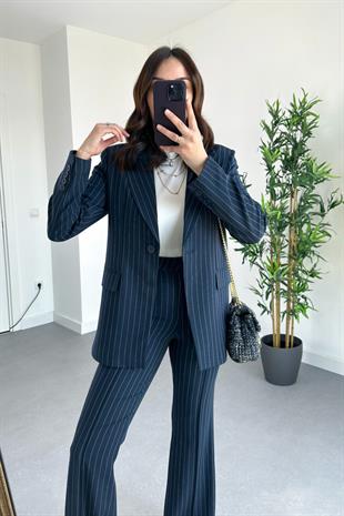 Lacivert Çizgili Premium Blazer Pantolon Takım
