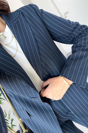 Lacivert Çizgili Premium Blazer Pantolon Takım