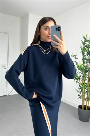 Lacivert Orange Gold Düğme Detaylı Çelik Triko Takım