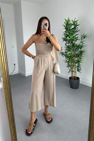 Nelina Bej Crop Pantolon Keten Takım