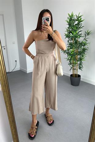 Nelina Bej Crop Pantolon Keten Takım