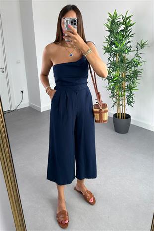 Nelina Lacivert Crop Pantolon Keten Takım