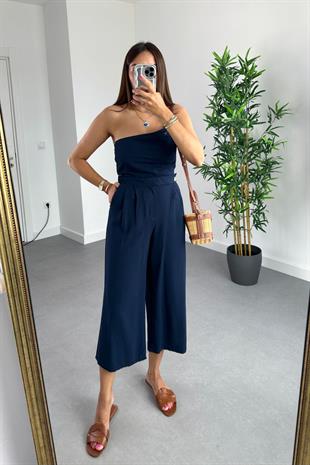 Nelina Lacivert Crop Pantolon Keten Takım
