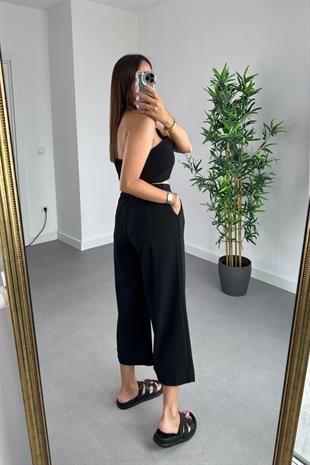 Nelina Siyah Crop Pantolon Keten Takım