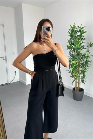 Nelina Siyah Crop Pantolon Keten Takım