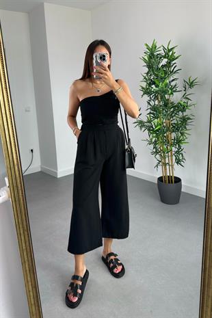 Nelina Siyah Crop Pantolon Keten Takım