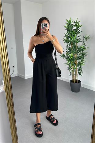 Nelina Siyah Crop Pantolon Keten Takım