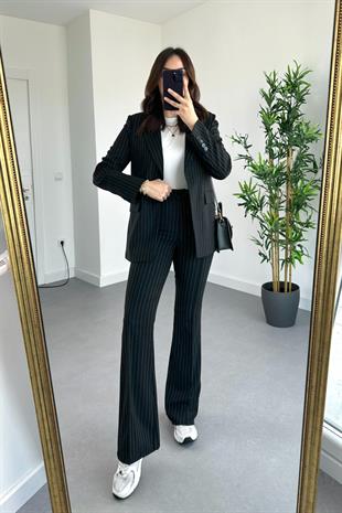 Siyah Çizgili Premium Blazer Pantolon Takım