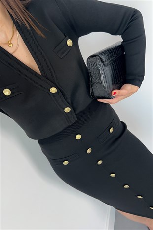 Siyah Düğme Detaylı Örme Çelik Triko Takım