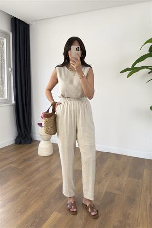Tenka Taş Astarlı Pantolon Bluz Kolyeli Takım