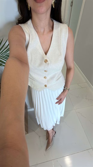 Terassa Bej Ekru Keten Yelek Etekli Takım