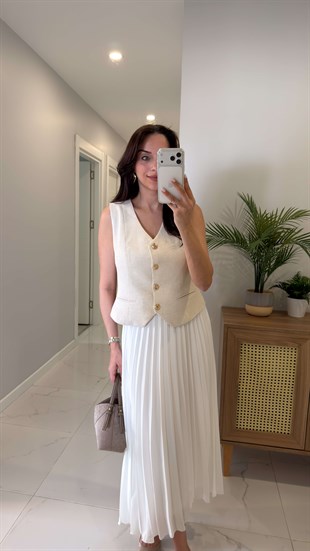 Terassa Bej Ekru Keten Yelek Etekli Takım