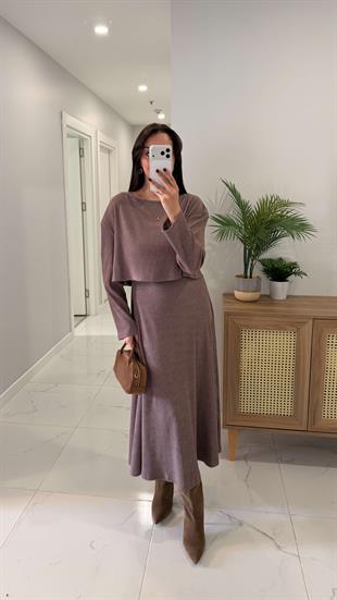 Terisa Kahve Fitilli Örme Bluz Elbise Takım