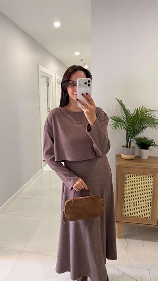 Terisa Kahve Fitilli Örme Bluz Elbise Takım