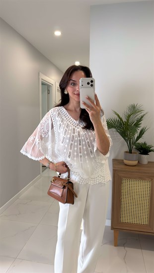 Teros Ekru Yaras Kol İşleme Detaylı İthal Bluz