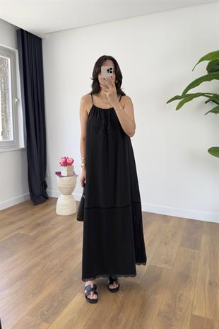 Tesna Siyah Fisto Detay Maxi Boy Astarlı Elbise