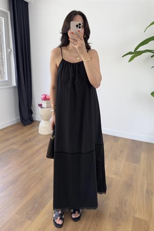 Tesna Siyah Fisto Detay Maxi Boy Astarlı Elbise